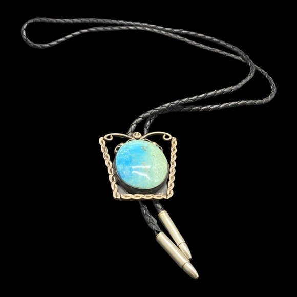 Vintage Pre-Owned Signed Bennett Pat. Pend Navajo Turquoise Sterling Bolo Tie - Picture 1 of 12